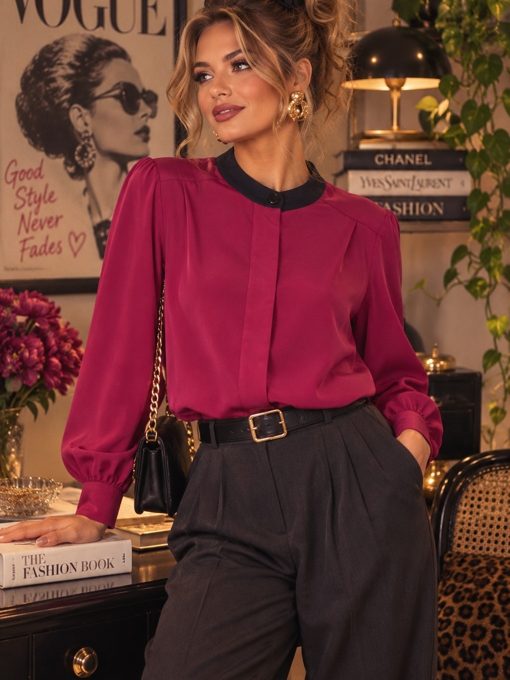 True Vintage 80s Retro Chic Prophecy Fuchsia Black Collar Blouse Size 6